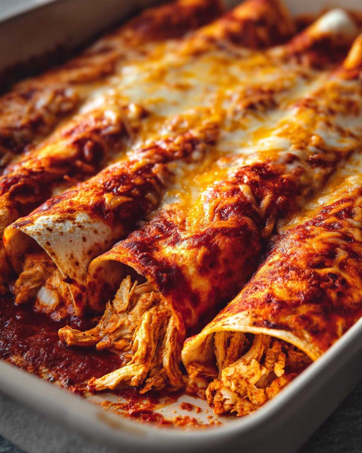 Close-up of baked chicken Enchiladas smothered in red sauce and melted golden cheese.