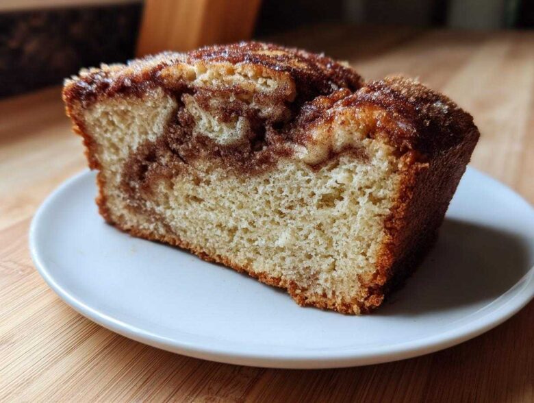 Close-up of a moist slice of Amish Cinnamon Bread showing a rich cinnamon swirl and sugary top.