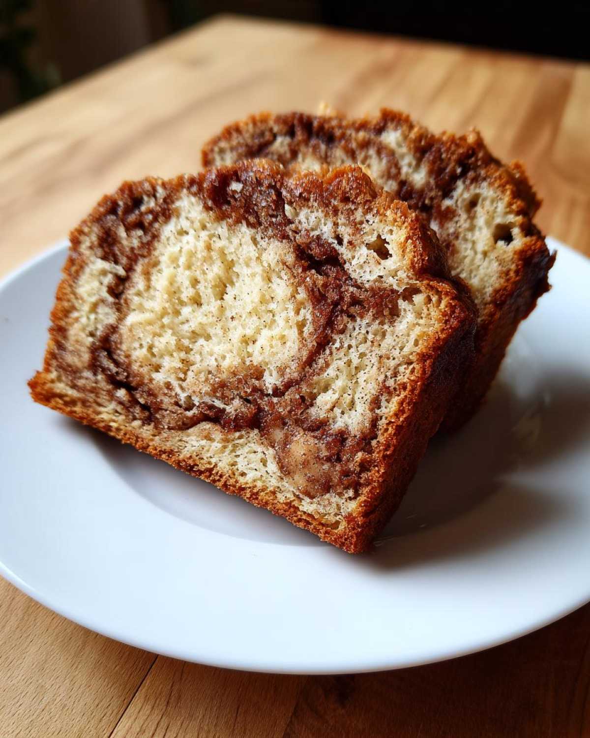 Two thick slices of moist Amish Cinnamon Bread showing a rich cinnamon swirl on a white plate.