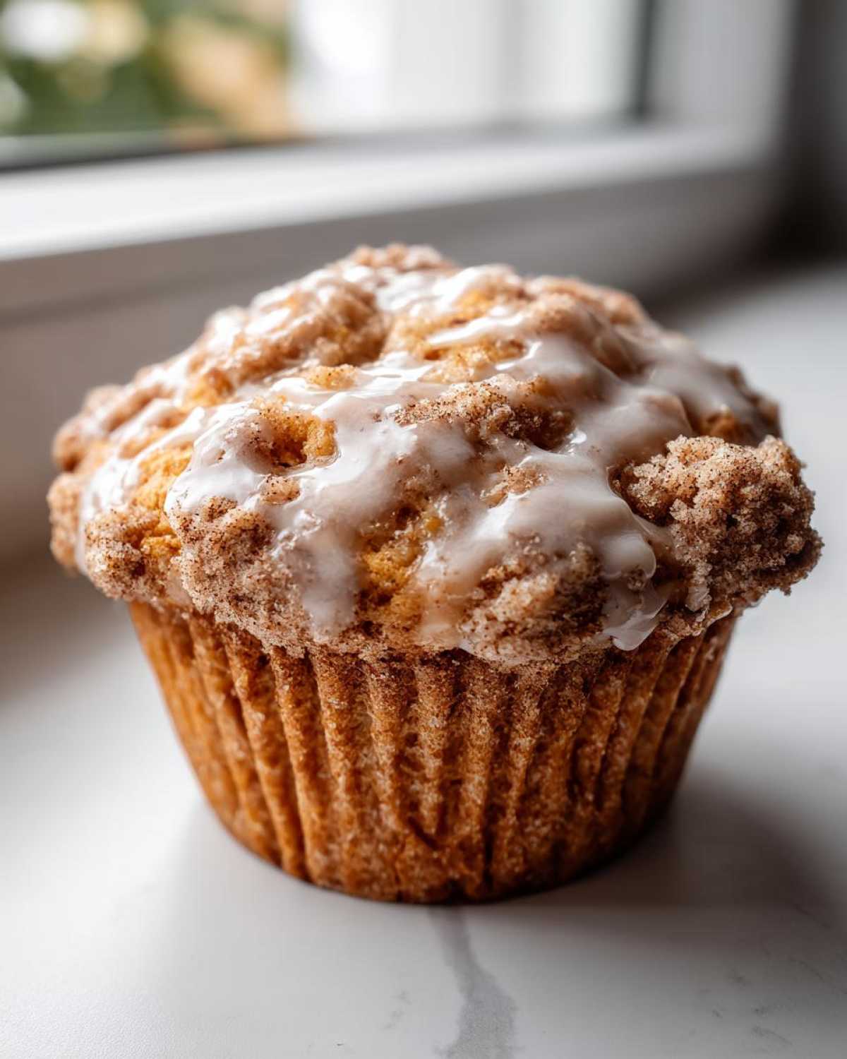A single, perfectly baked Apple Fritter Muffin topped with cinnamon streusel and a sweet vanilla glaze.