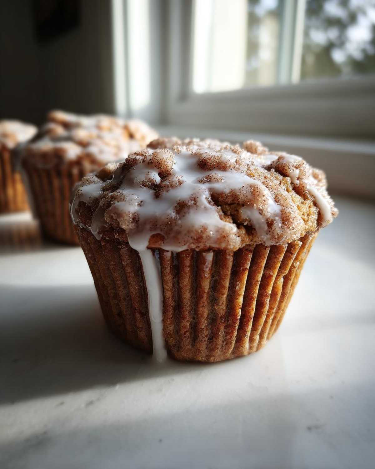 Close-up of a single Apple Fritter Muffin topped with cinnamon streusel and dripping vanilla glaze.