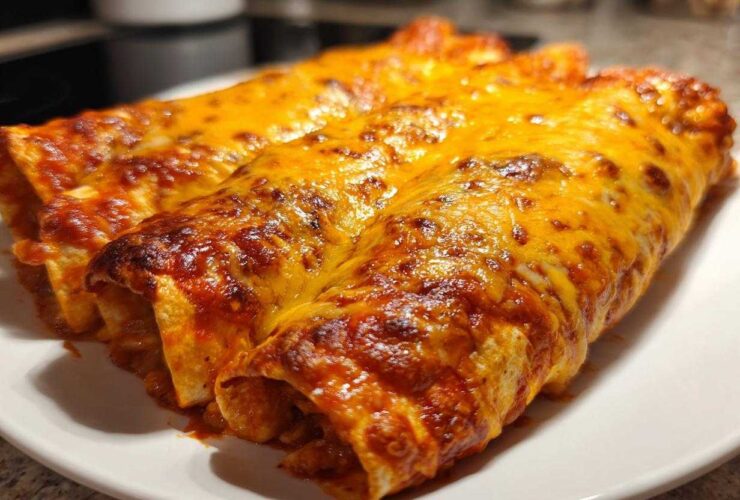 Close-up of three baked enchiladas covered in bubbling, melted cheddar cheese, perfect for an Enchiladas Dinner.