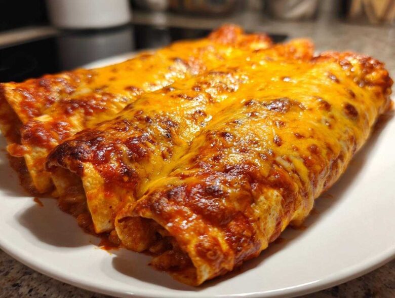 Close-up of three baked enchiladas covered in bubbling, melted cheddar cheese, perfect for an Enchiladas Dinner.