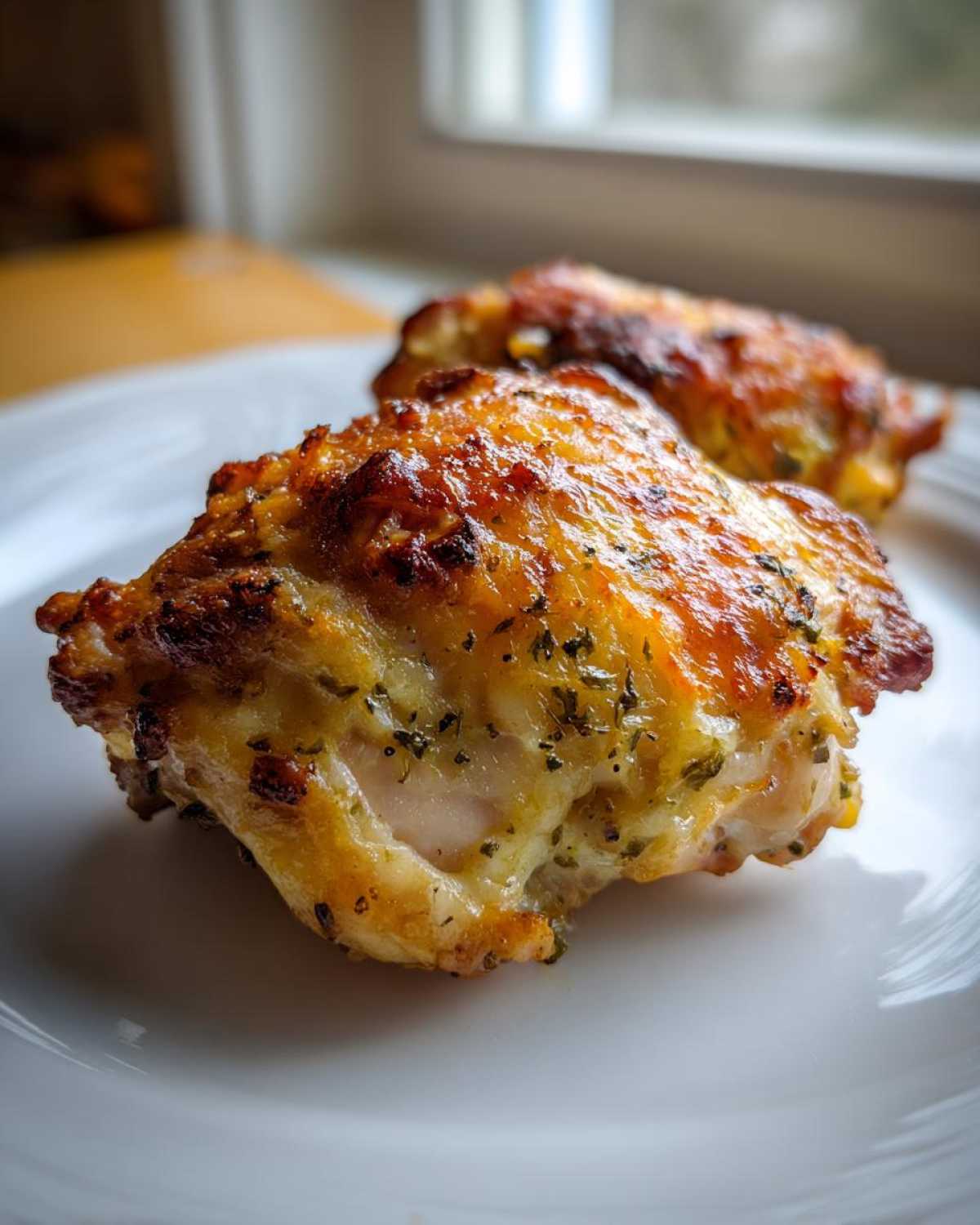 Close-up of two golden brown Baked Ranch Chicken Thighs with crispy skin and herbs on a white plate.