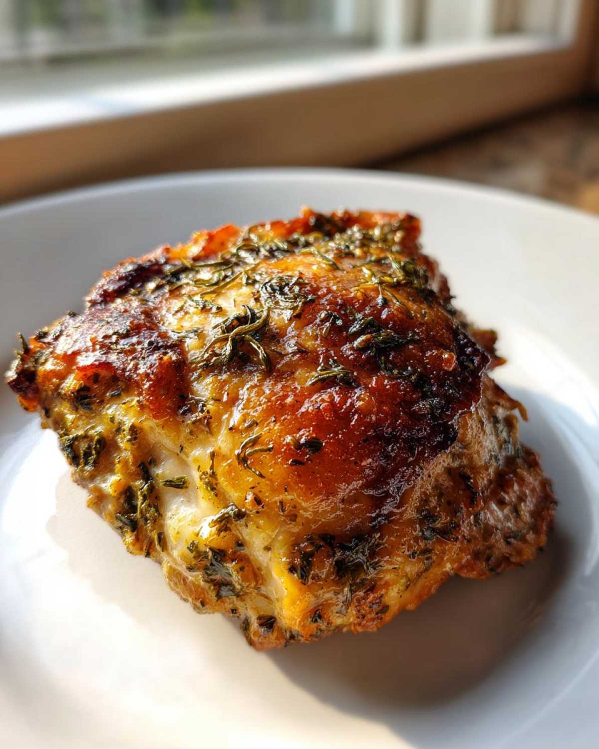 Close-up of a single, golden-brown Baked Ranch Chicken Thighs piece with herbs on a white plate.