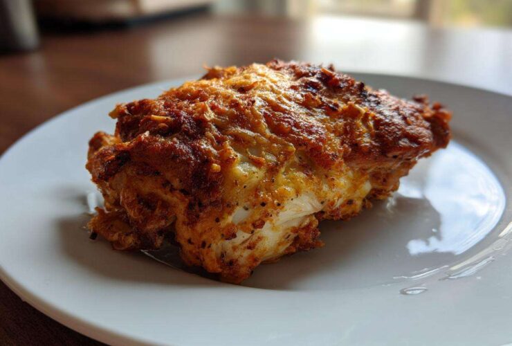 A close-up of a perfectly cooked piece of Baked Ranch Chicken Thighs with a crispy, seasoned crust.