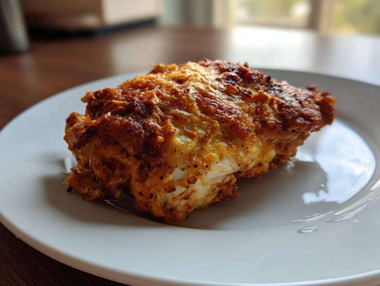 A close-up of a perfectly cooked piece of Baked Ranch Chicken Thighs with a crispy, seasoned crust.