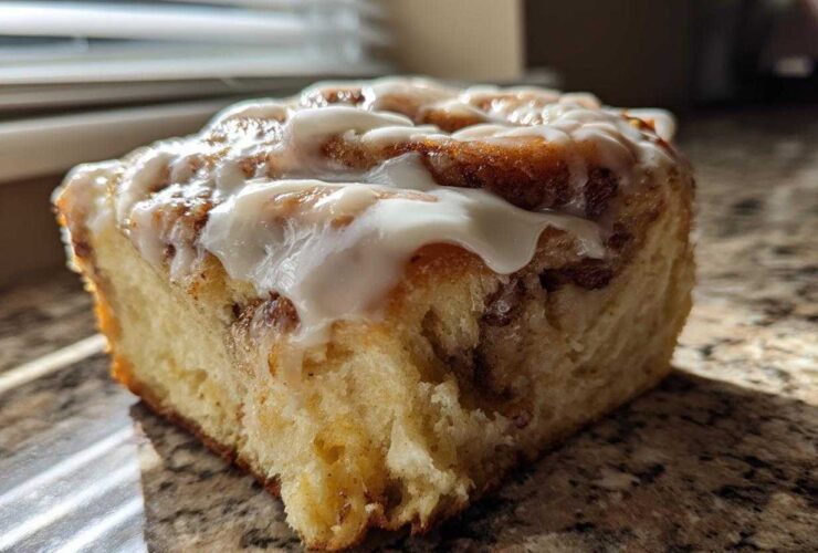 A close-up of a single, fluffy Banana Bread Batter Cinnamon Buns slice topped with thick white icing.