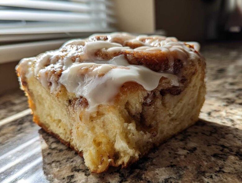 A close-up of a single, fluffy Banana Bread Batter Cinnamon Buns slice topped with thick white icing.