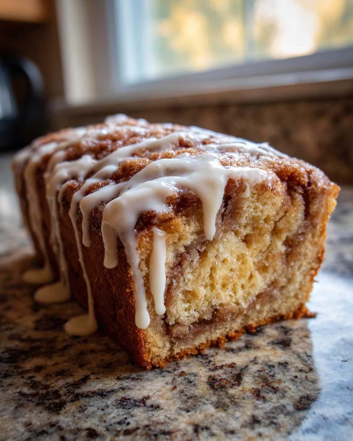 A close-up of a sliced loaf of Banana Bread Batter Cinnamon Buns topped with white vanilla glaze.