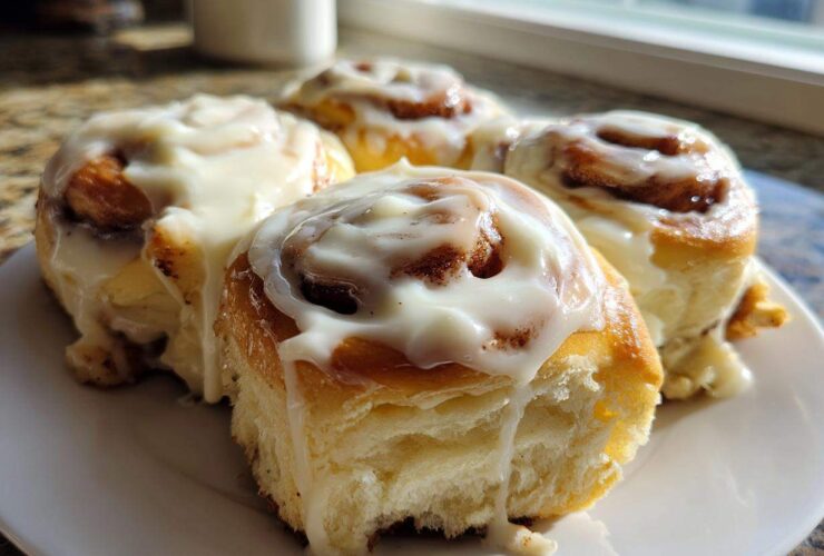 Close-up of four soft Banana Bread Cinnamon Rolls generously topped with dripping cream cheese frosting on a white plate.