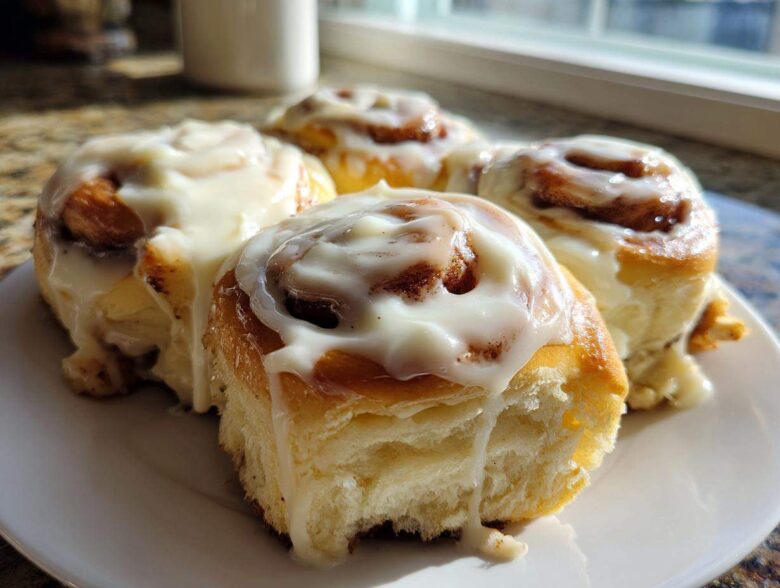 Close-up of four soft Banana Bread Cinnamon Rolls generously topped with dripping cream cheese frosting on a white plate.