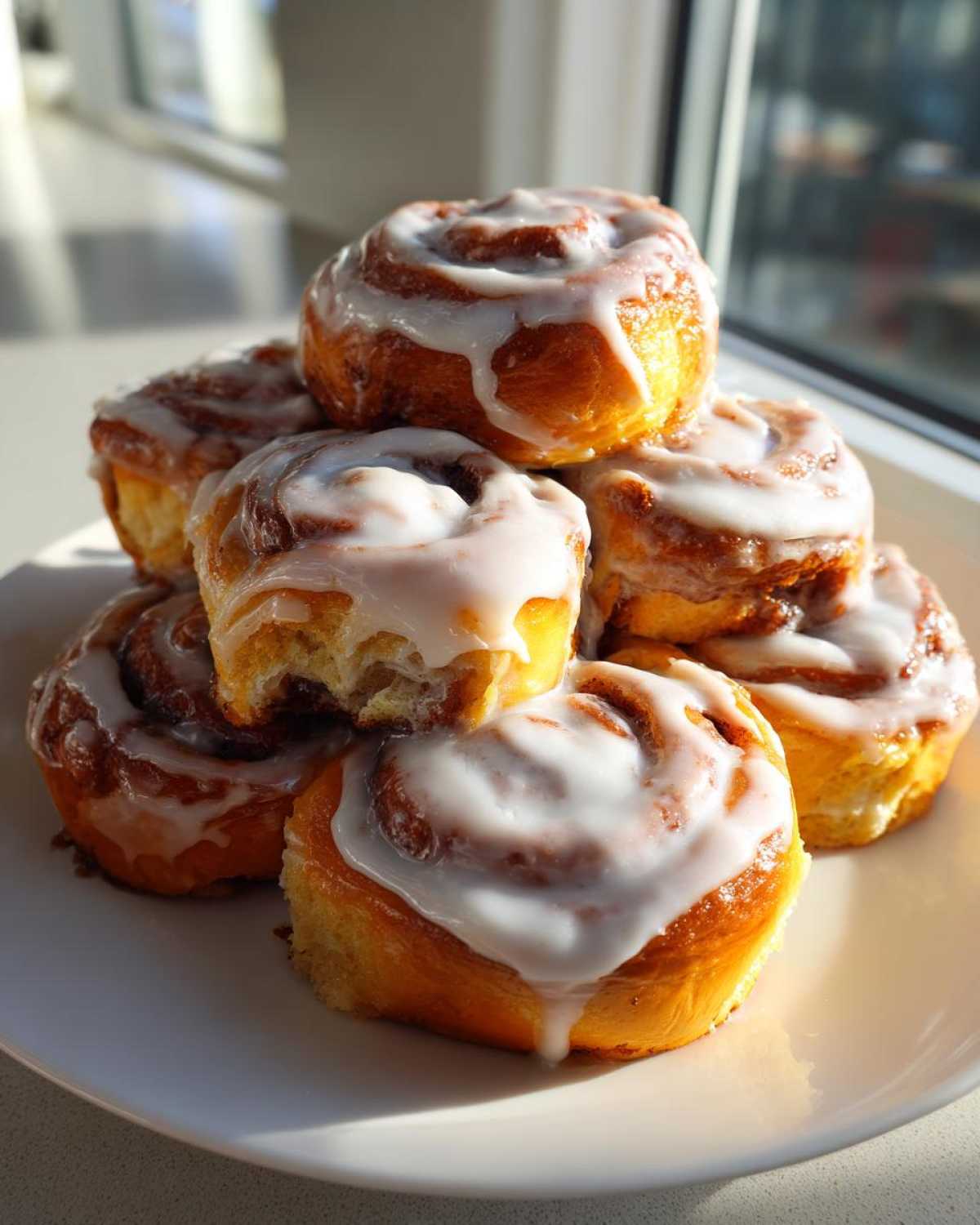 A stack of freshly baked Banana Bread Cinnamon Rolls with Cream Cheese Frosting piled on a white plate near a window.