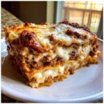 A thick, layered slice of Beef Lasagna with Ricotta and Mozzarella, featuring rich meat sauce and melted cheese.