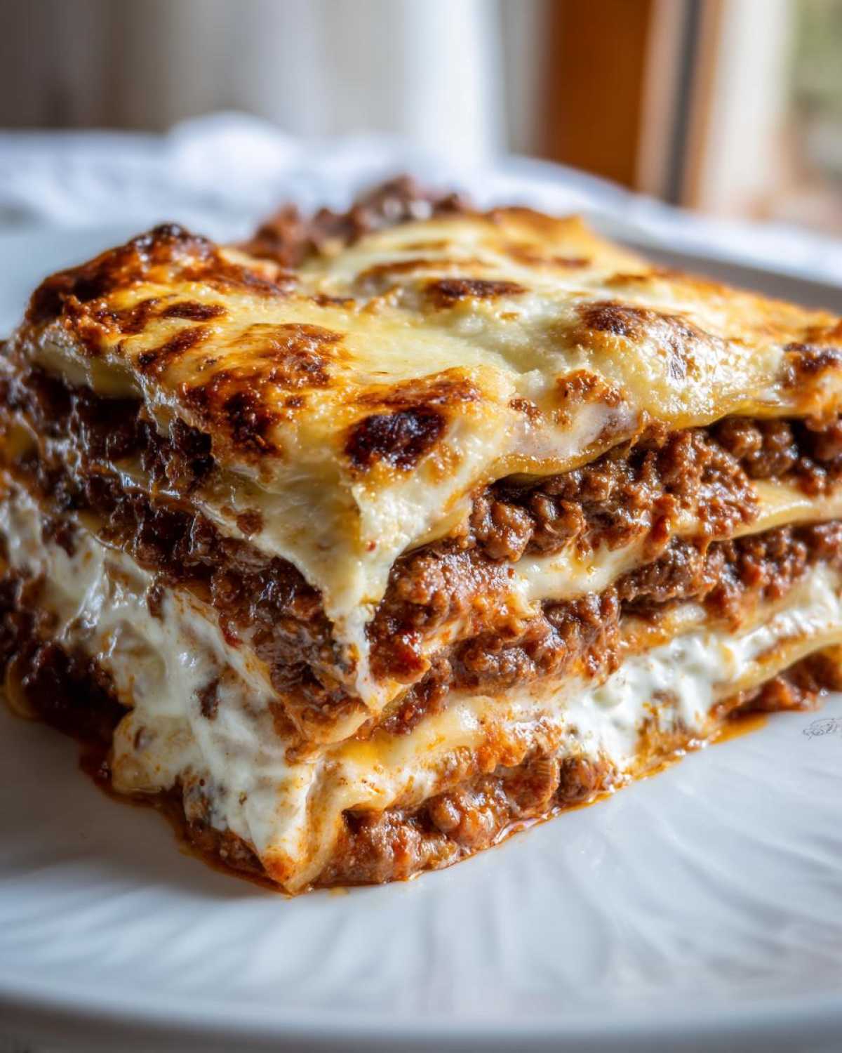 Close-up of a thick, layered slice of Beef Lasagna with Ricotta and Mozzarella, featuring browned cheese topping.