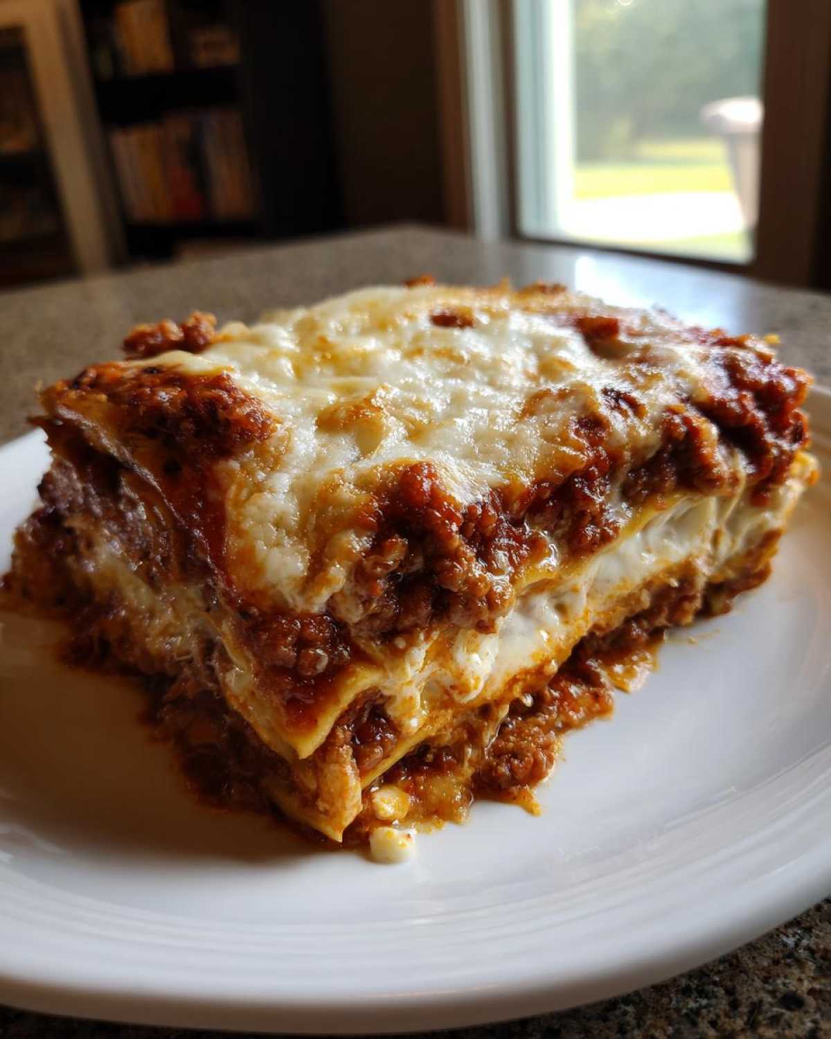 A thick, layered slice of Beef Lasagna with Ricotta and Mozzarella, topped with melted cheese.