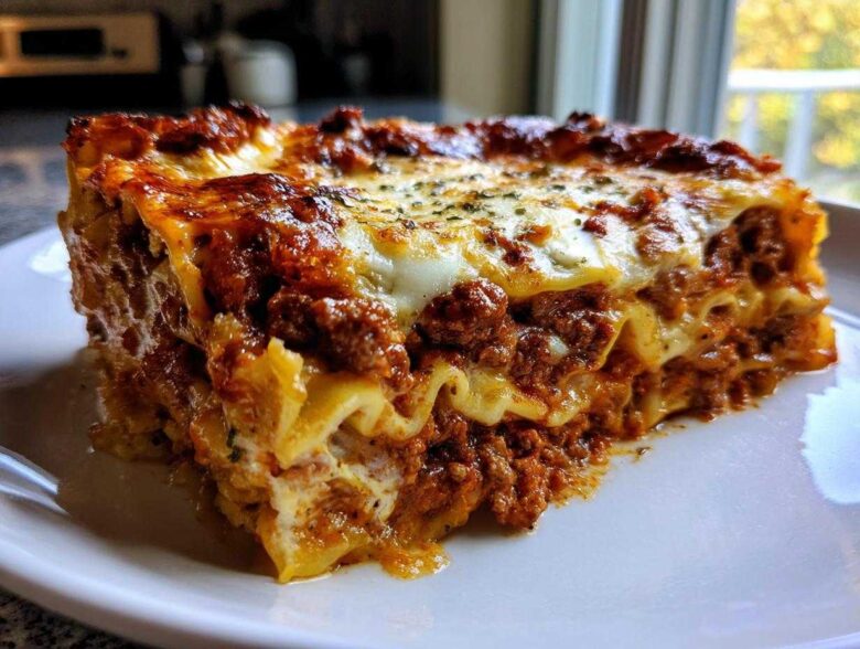 A thick, layered slice of Beef Lasagna with Ricotta and Mozzarella showing rich meat sauce and browned cheese topping.