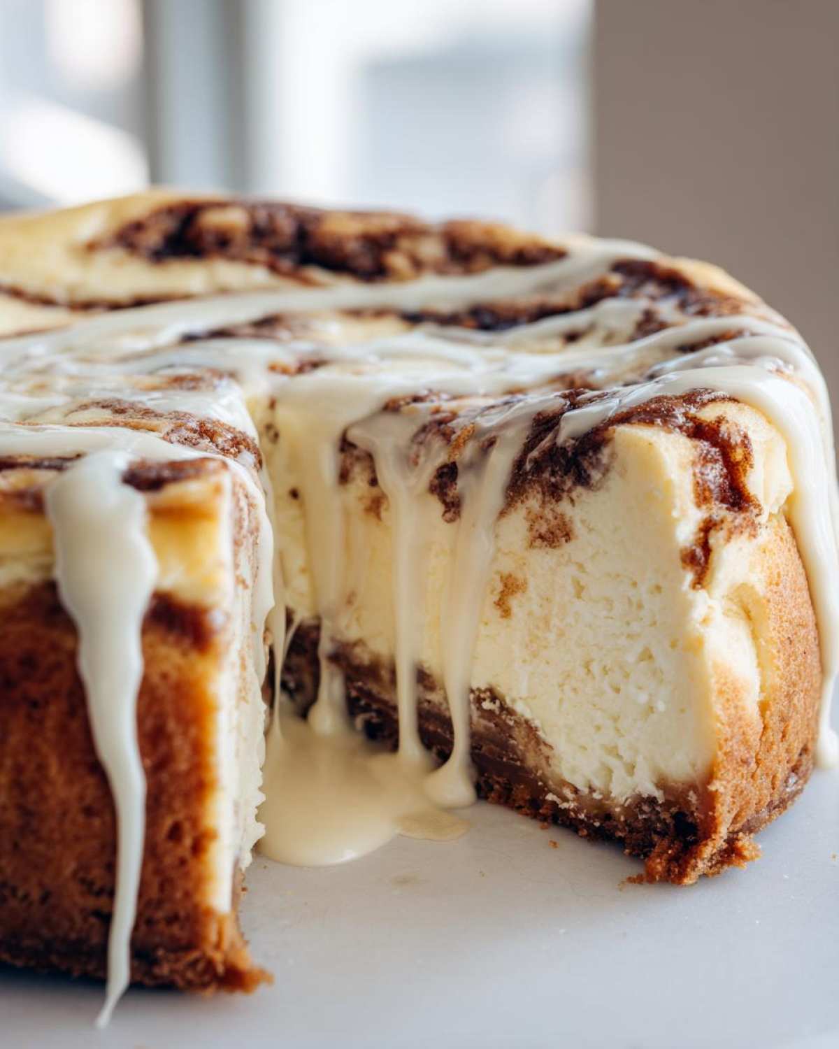 A slice cut from the best cinnamon roll cheesecake, showing the creamy interior and thick white icing drizzle.