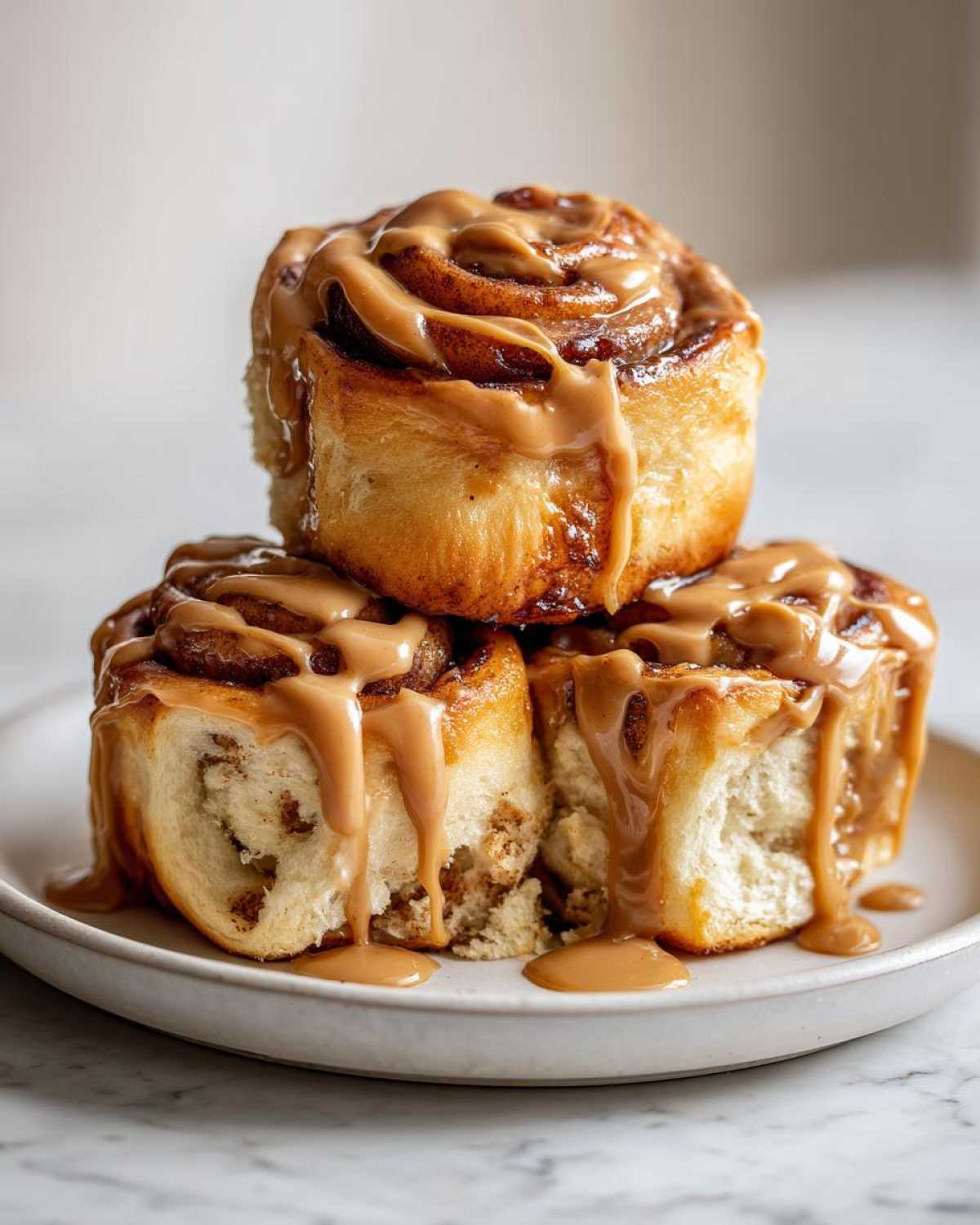 Three decadent Biscoff Cookie Butter Cinnamon Rolls stacked and drizzled generously with melted cookie butter glaze.