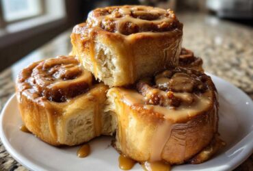 A stack of gooey Biscoff Cookie Butter Cinnamon Rolls drizzled with caramel icing on a white plate.