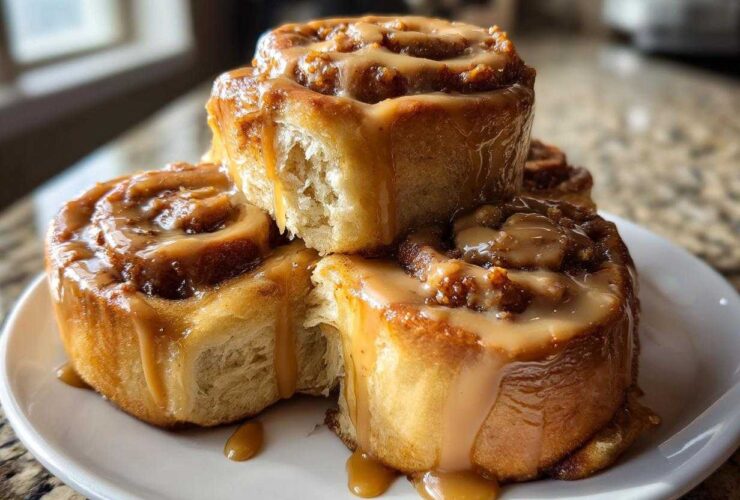 A stack of gooey Biscoff Cookie Butter Cinnamon Rolls drizzled with caramel icing on a white plate.