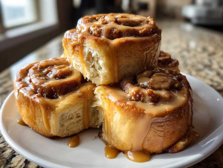 A stack of gooey Biscoff Cookie Butter Cinnamon Rolls drizzled with caramel icing on a white plate.