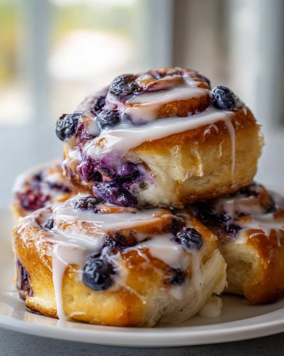 A close-up stack of freshly baked Blueberry Cinnamon Rolls drizzled generously with white icing.