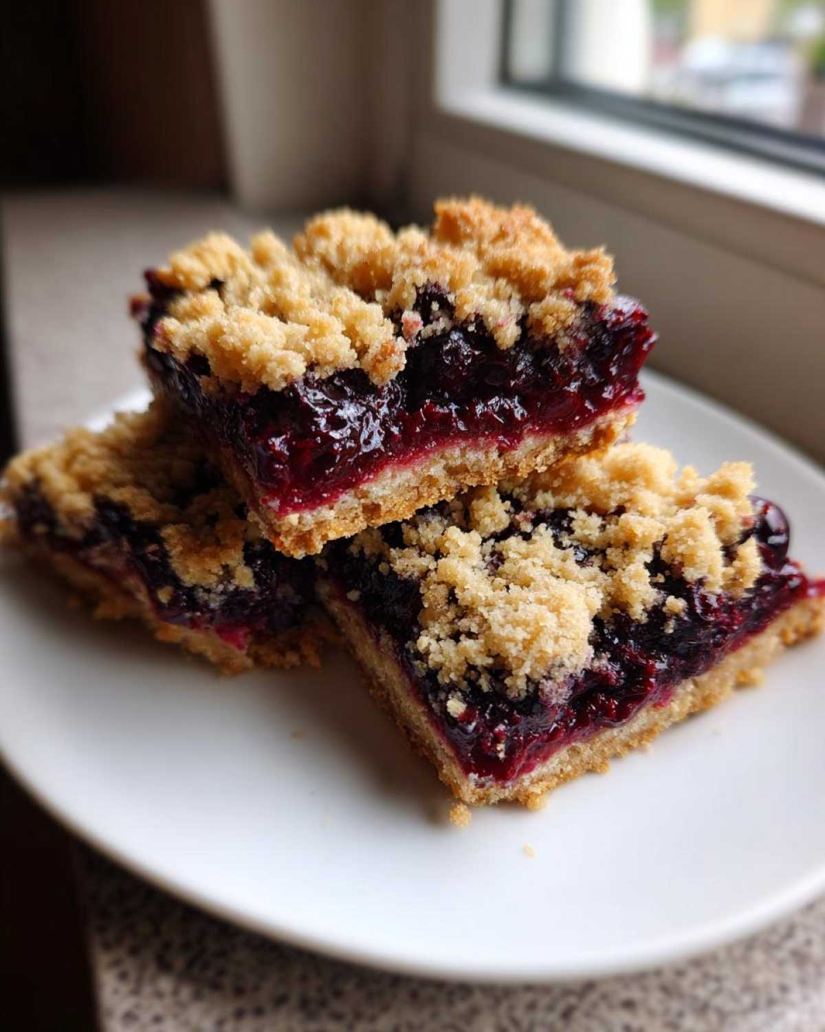 Three stacked squares of Blueberry Crumb Bars showing a thick jammy berry filling and buttery streusel topping.