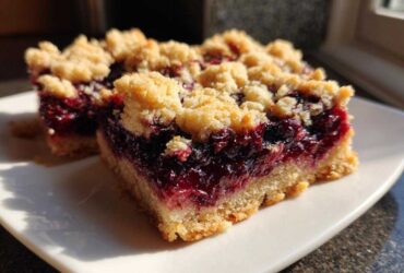 Two squares of rich Blueberry Crumb Bars featuring a thick jammy filling and a golden buttery streusel topping, served on a white plate.
