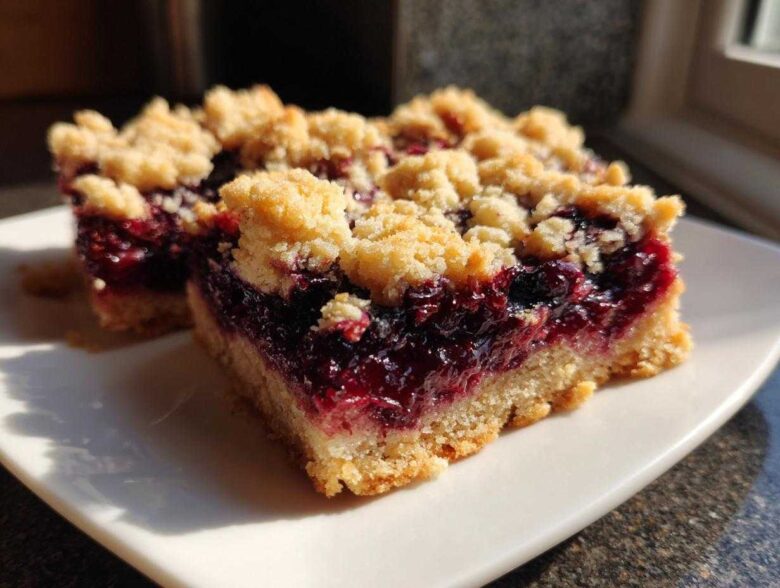 Two squares of rich Blueberry Crumb Bars featuring a thick jammy filling and a golden buttery streusel topping, served on a white plate.