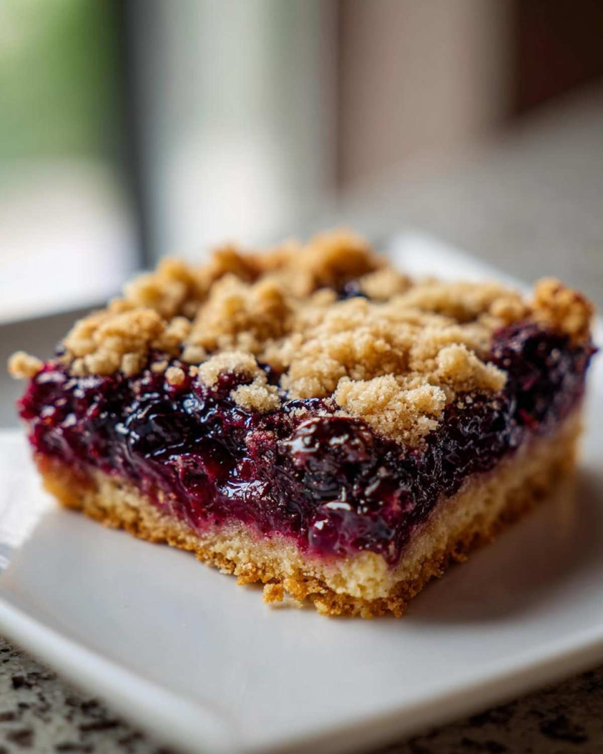 A single square of rich Blueberry Crumb Bars featuring a thick, jammy berry filling and golden buttery streusel topping.