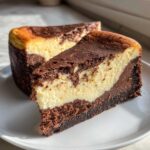 Two slices of Decadent Brownie Bottom Cheesecake Dessert Lover s Dream showing rich chocolate base and creamy filling.