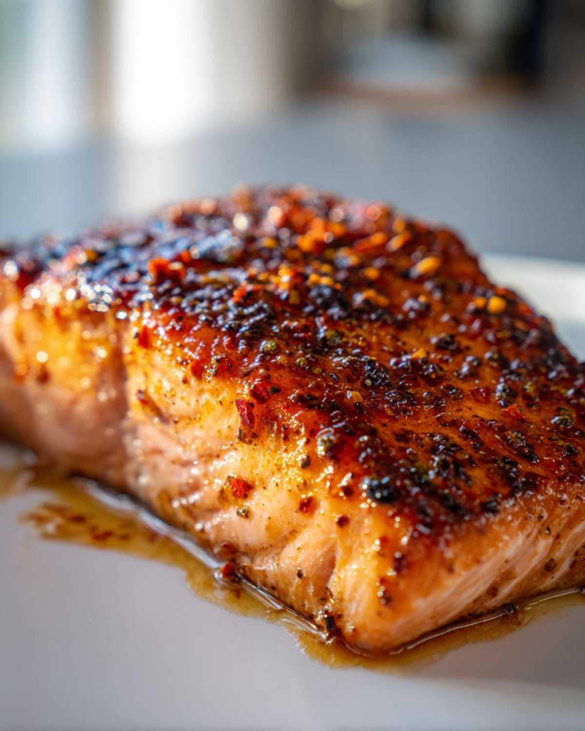 Close-up of a perfectly cooked salmon fillet glazed with spices for the Flavor Explosion Cajun Honey Butter Salmon Dinner.