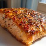 Close-up of a perfectly cooked salmon fillet coated in a shiny, spicy glaze for the Flavor Explosion Cajun Honey Butter Salmon Dinner.