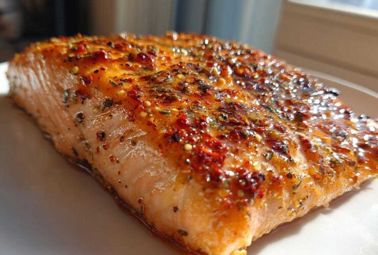 Close-up of a perfectly cooked salmon fillet coated in a shiny, spicy glaze for the Flavor Explosion Cajun Honey Butter Salmon Dinner.