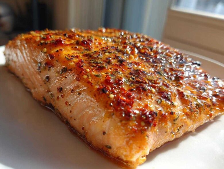 Close-up of a perfectly cooked salmon fillet coated in a shiny, spicy glaze for the Flavor Explosion Cajun Honey Butter Salmon Dinner.