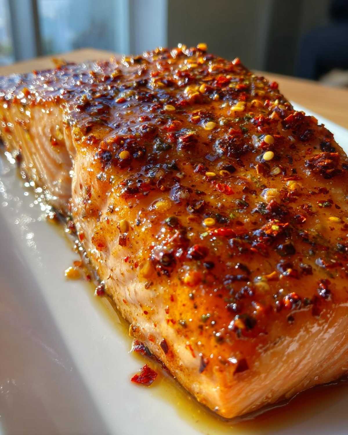 Close-up of a perfectly cooked salmon fillet coated in a thick, glossy glaze with visible Cajun spices for the Flavor Explosion Cajun Honey Butter Salmon Dinner.