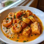 Close-up of shrimp and chunks of salmon coated in a rich, orange Cajun Shrimp and Salmon Garlic Cream Sauce, garnished with parsley.