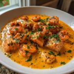 A white bowl filled with Cajun Shrimp and Salmon Garlic Cream Sauce, garnished with fresh parsley.