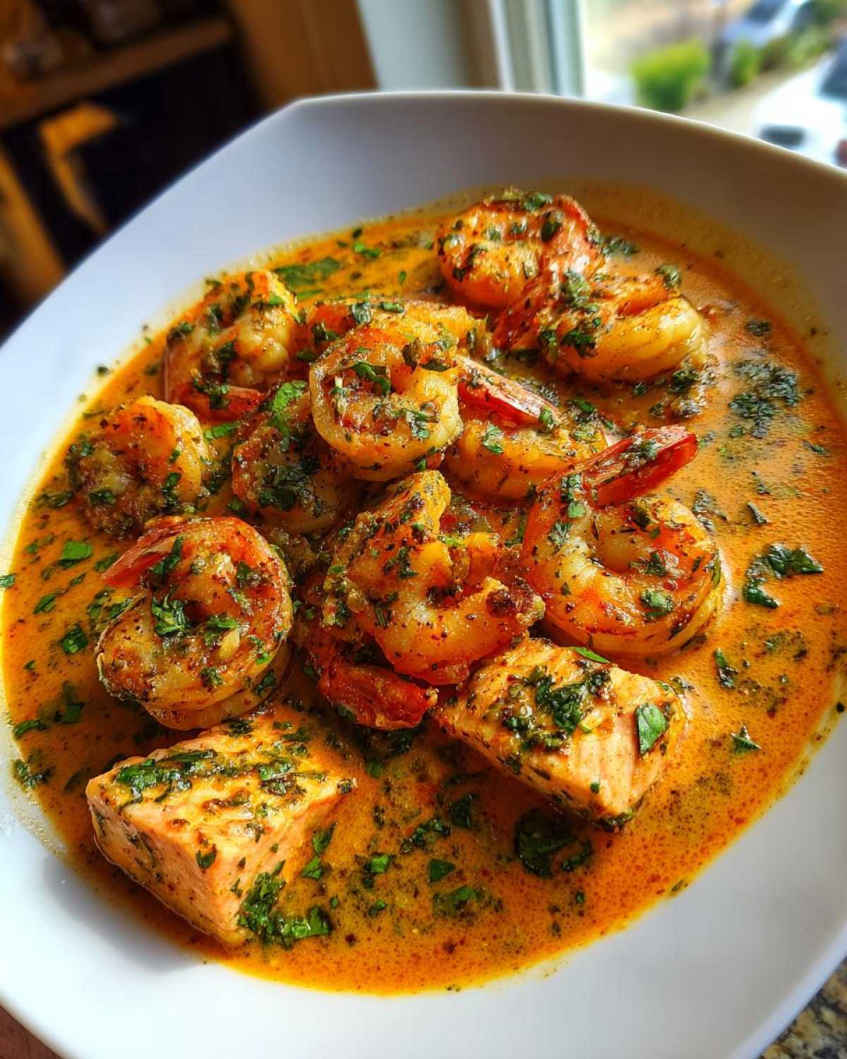 Close-up of shrimp and salmon pieces submerged in a rich Cajun Shrimp and Salmon Garlic Cream Sauce, garnished with parsley.
