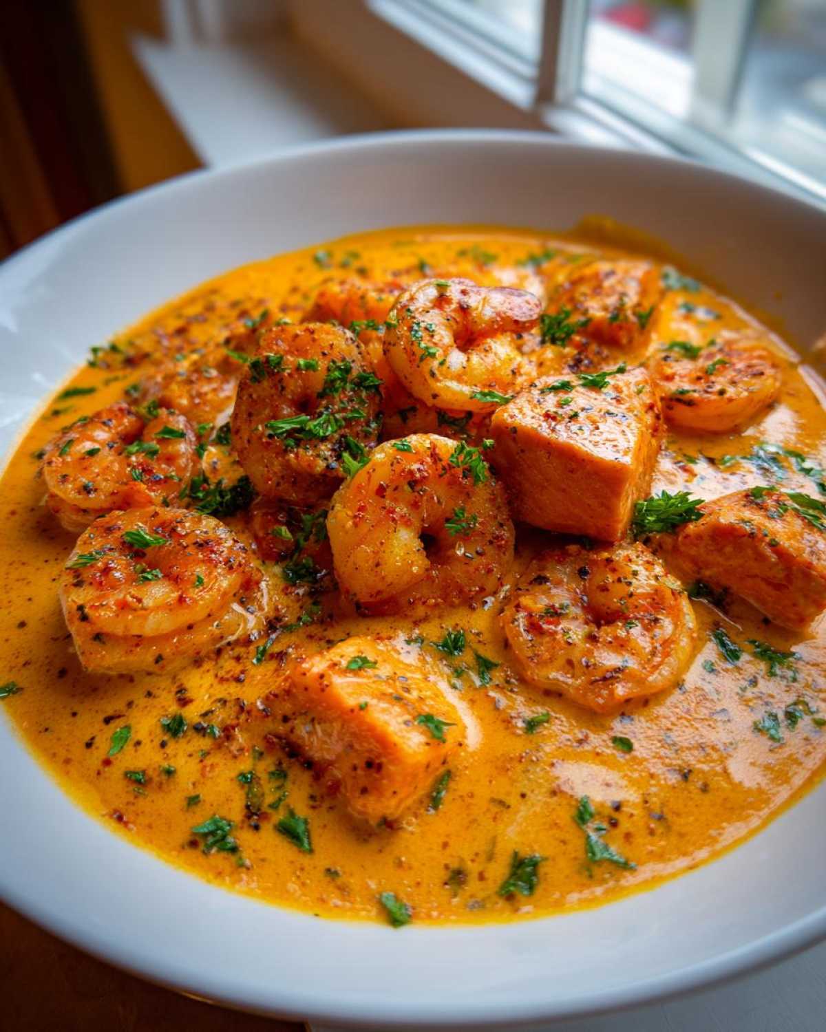 Close-up of Cajun Shrimp and Salmon Garlic Cream Sauce, featuring seasoned shrimp and salmon chunks in a rich orange sauce, garnished with parsley.