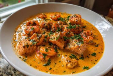 A white bowl filled with Cajun Shrimp and Salmon Garlic Cream Sauce, garnished with fresh parsley.