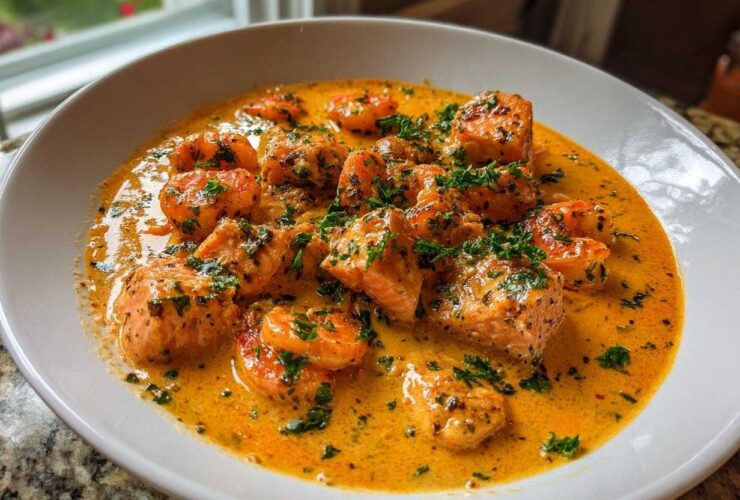 A white bowl filled with Cajun Shrimp and Salmon Garlic Cream Sauce, garnished with fresh parsley.