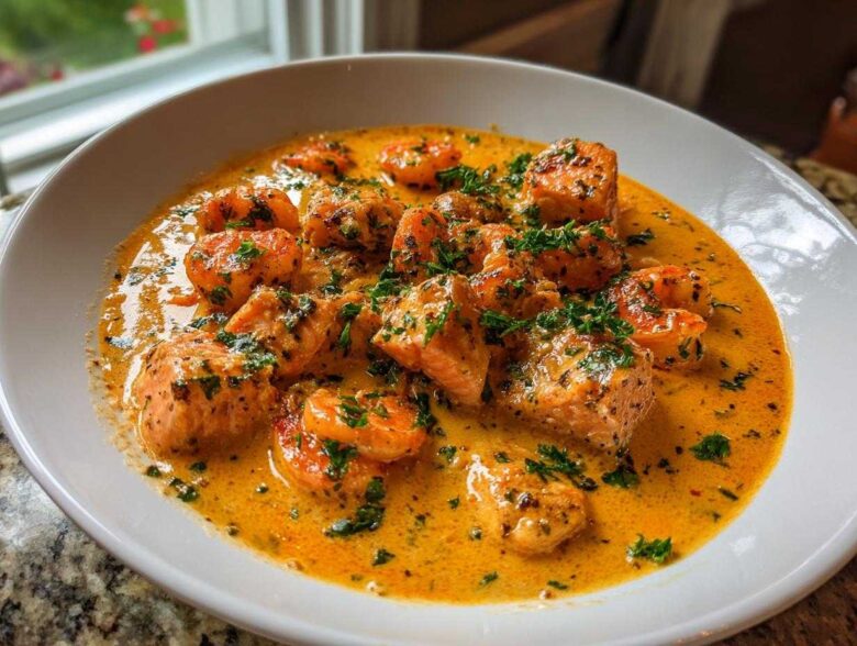 A white bowl filled with Cajun Shrimp and Salmon Garlic Cream Sauce, garnished with fresh parsley.