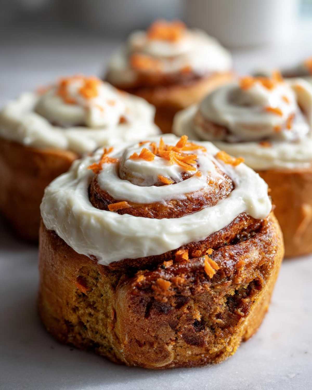 Close-up of a freshly baked Carrot Cake Cinnamon Roll topped with thick, creamy frosting and shredded carrots.