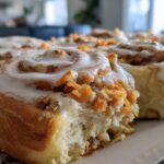 A close-up, featured shot of soft Carrot Cake Cinnamon Rolls with creamy frosting and visible shredded carrots.