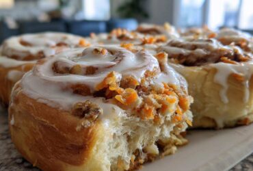 A close-up, featured shot of soft Carrot Cake Cinnamon Rolls with creamy frosting and visible shredded carrots.