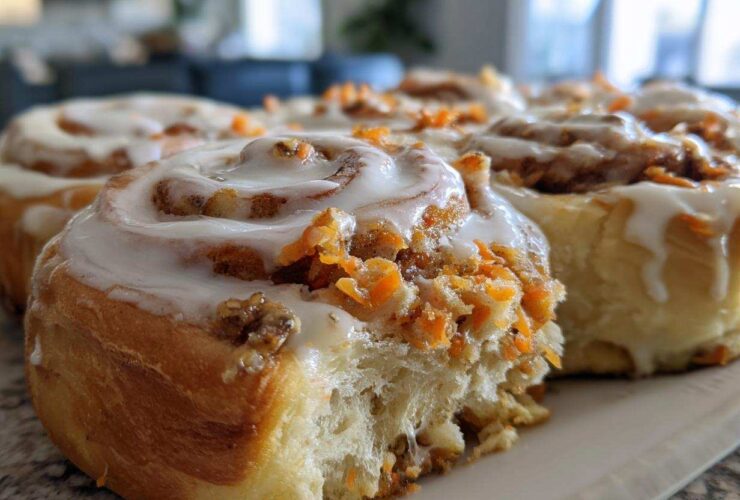 A close-up, featured shot of soft Carrot Cake Cinnamon Rolls with creamy frosting and visible shredded carrots.