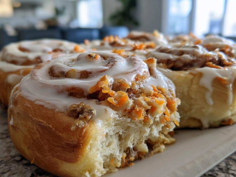 A close-up, featured shot of soft Carrot Cake Cinnamon Rolls with creamy frosting and visible shredded carrots.