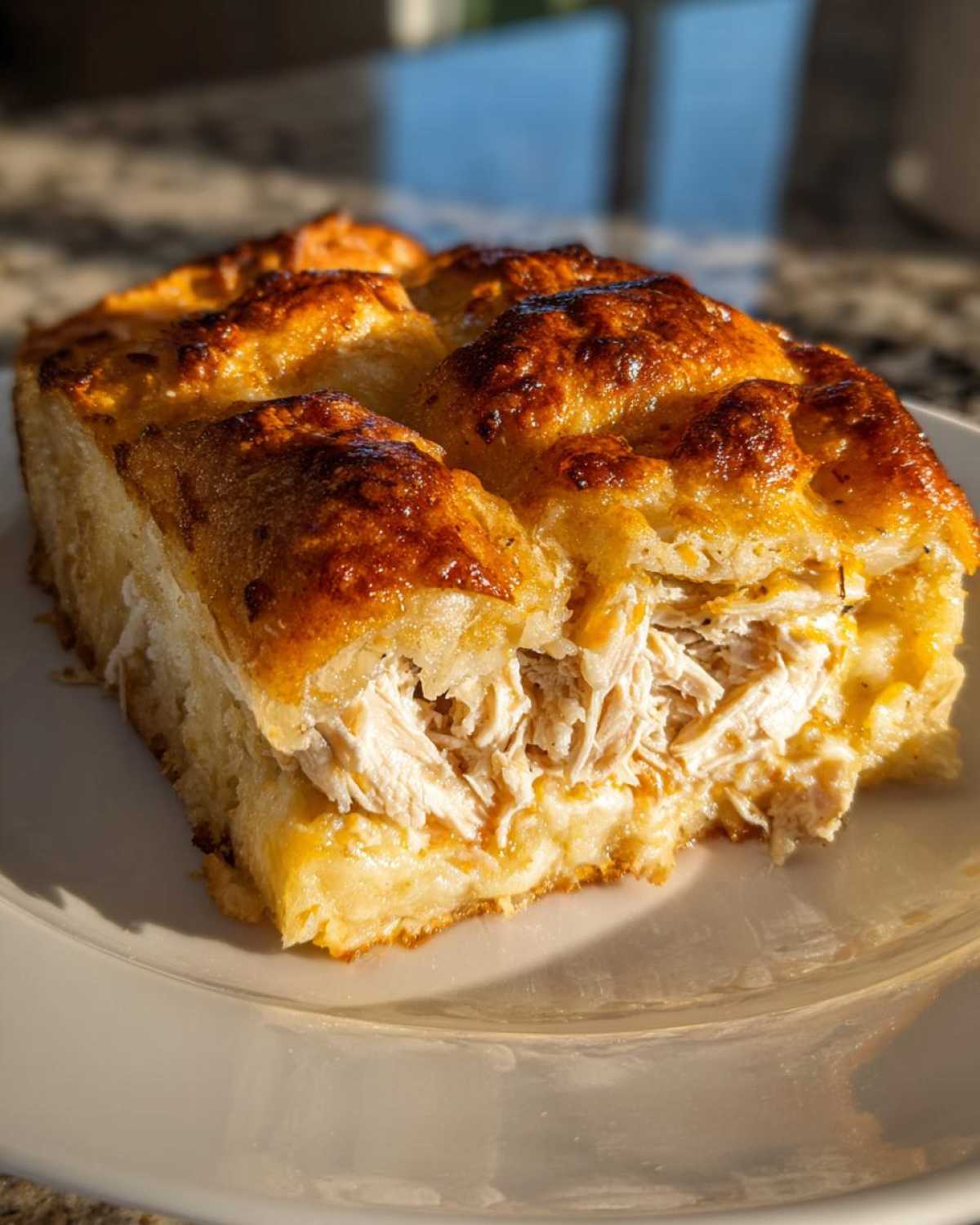 Close-up of a golden brown Casserole Crescent Rolls slice filled with creamy shredded chicken, served on a white plate.